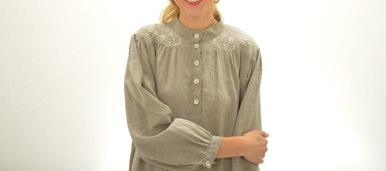 Linen Night Gown VICTORIA with Handmade Embroidery on Yokes
