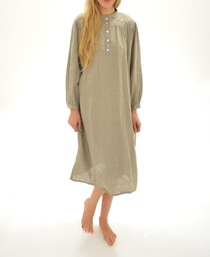 Linen Night Gown VICTORIA with Handmade Embroidery on Yokes