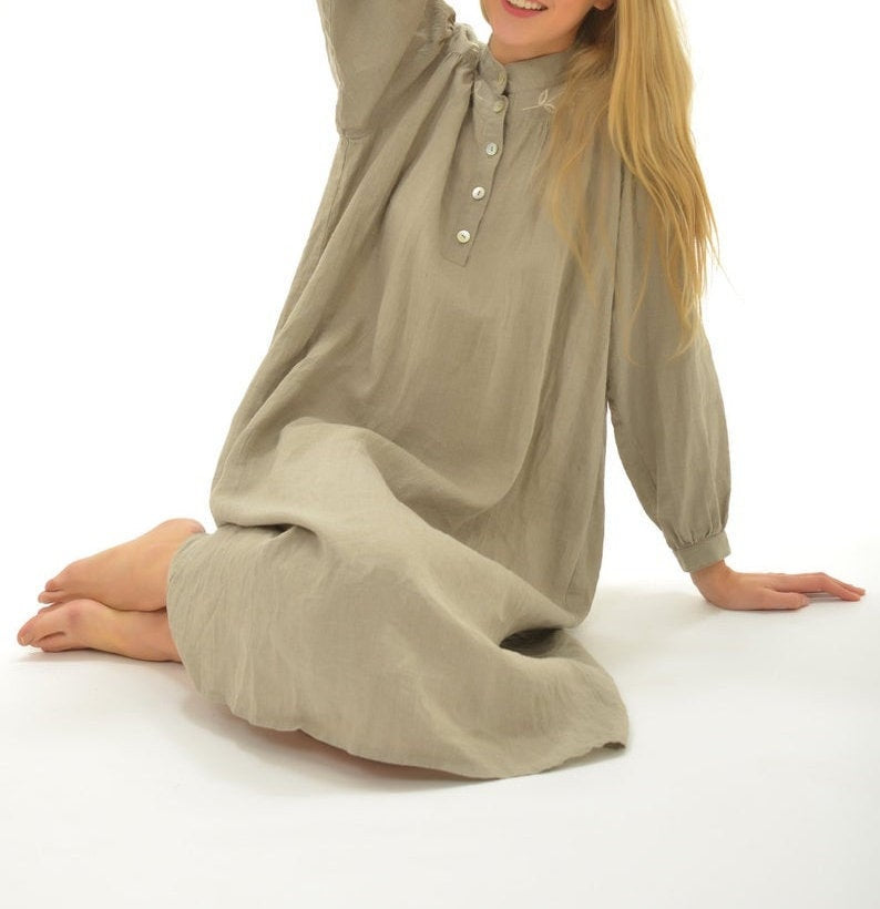 Linen Night Gown VICTORIA with Handmade Embroidery on Yokes