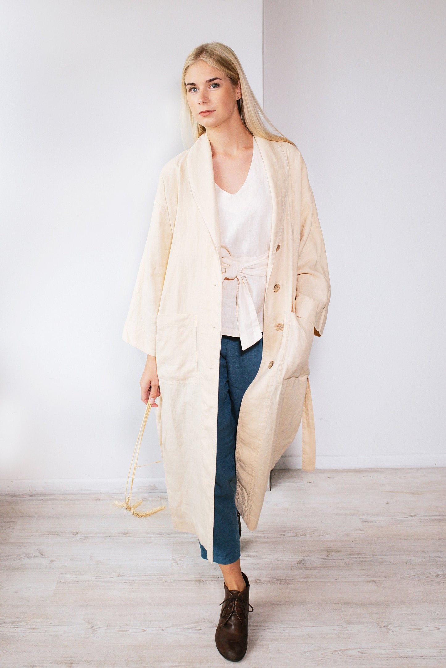 Linen Long Loose Oversize Coat REGINA with Shawl Collar in Vanilla Cream Color