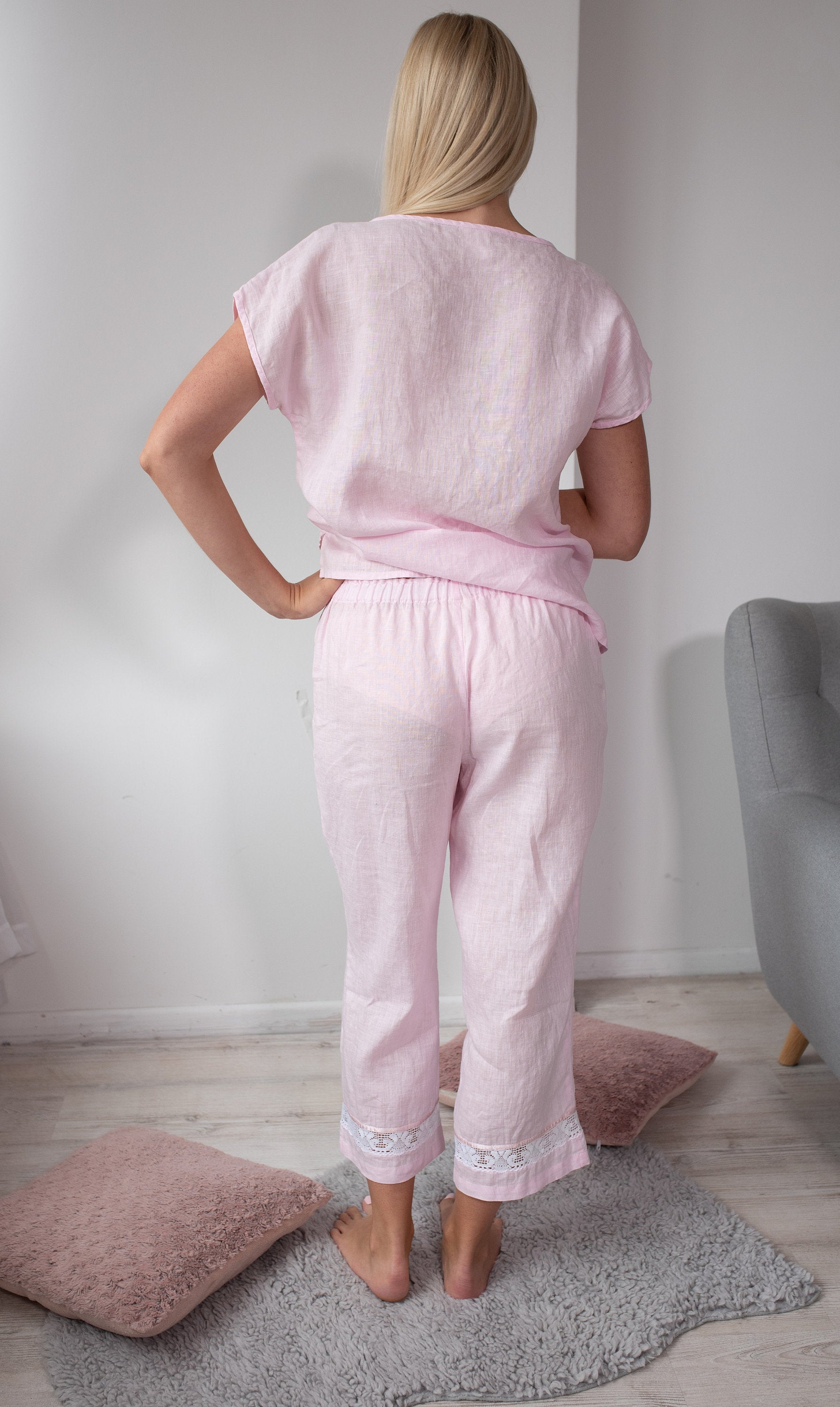 Linen Pajama Set CHARLOTTE with Lace