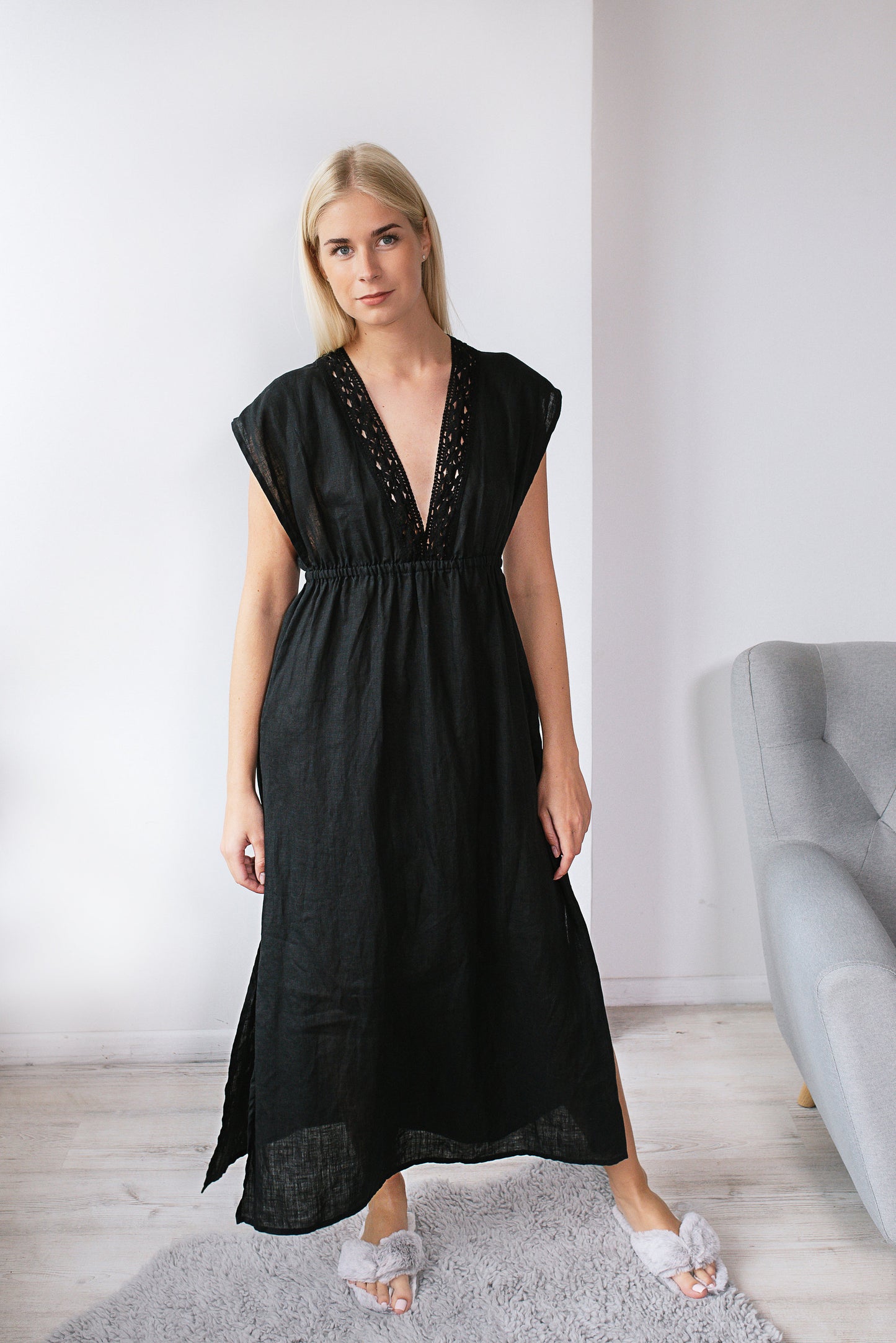 White Long Night Gown ANTIQUE With Linen Lace
