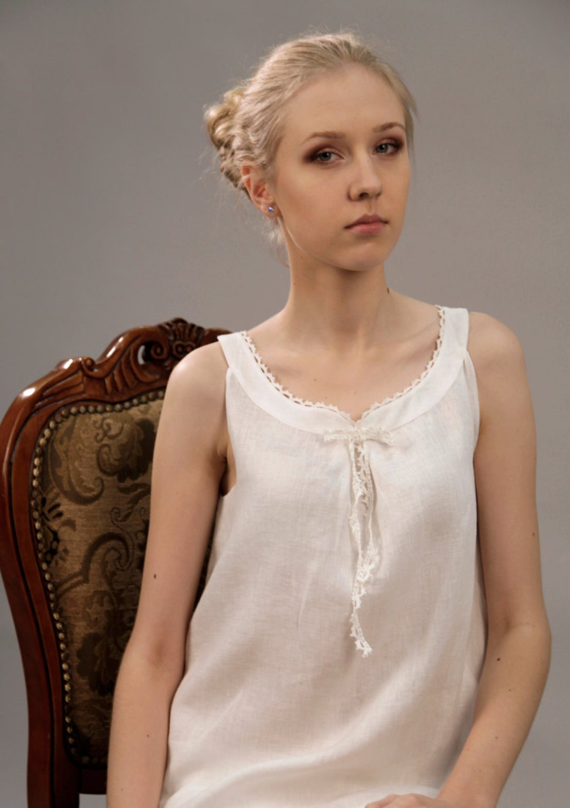 Linen Long Gown ROSIE LACED Sleeveless