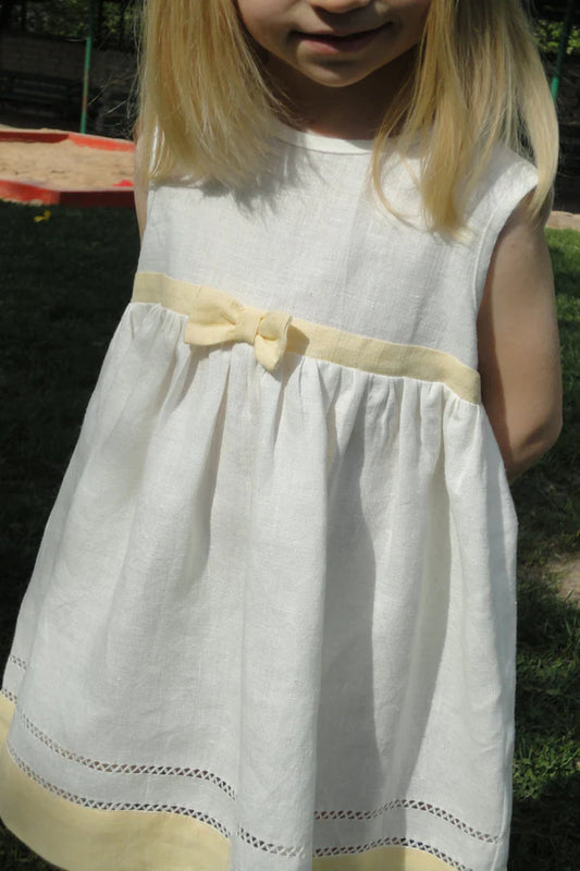 Linen White Sleeveless Dress for Girl with Drawnwork