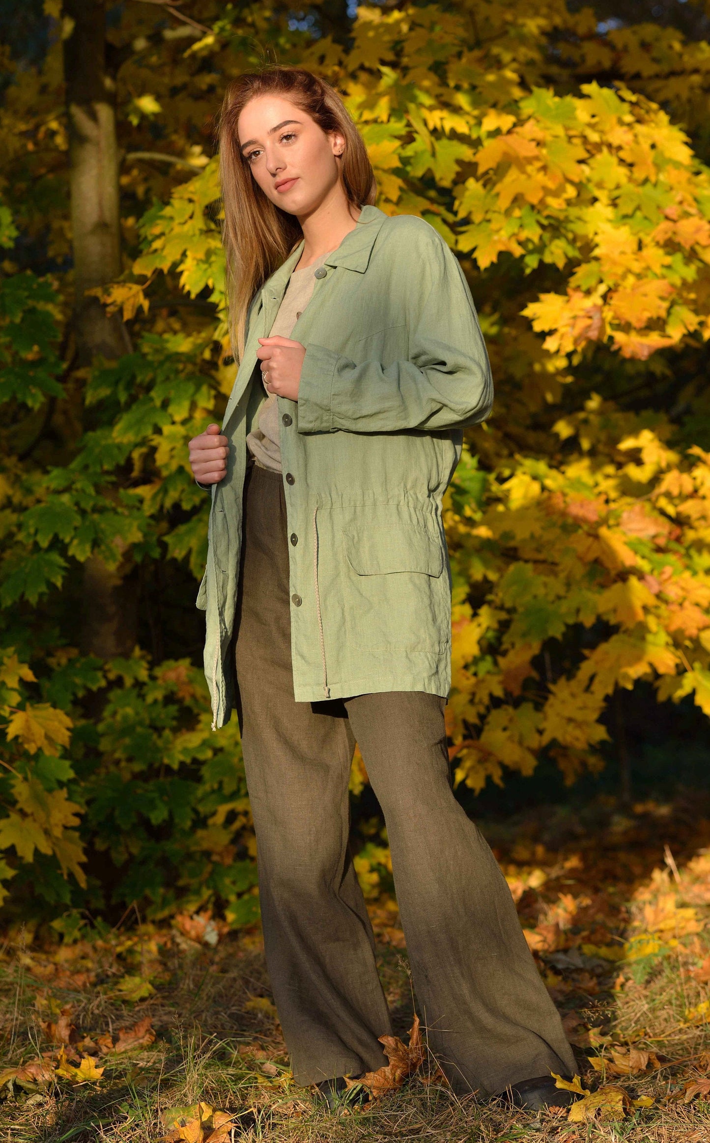 Pure Linen Oversize Jacket with Drawstringed Waist in Green