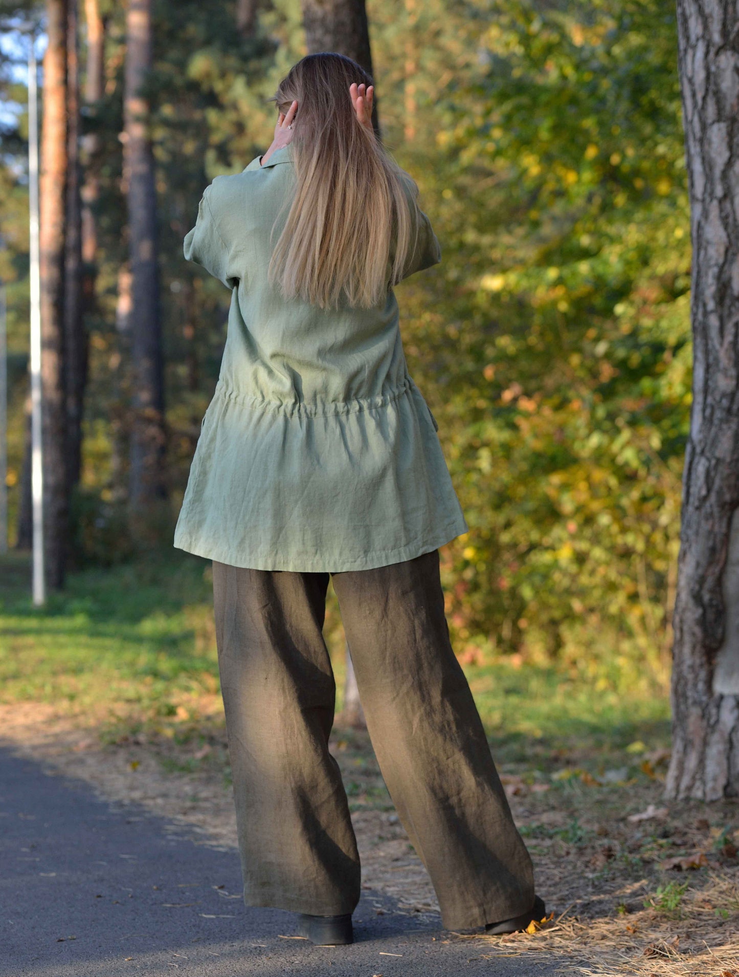 Linen Loose Oversize Jacket with Drawstringed Waist and Shirt Collar