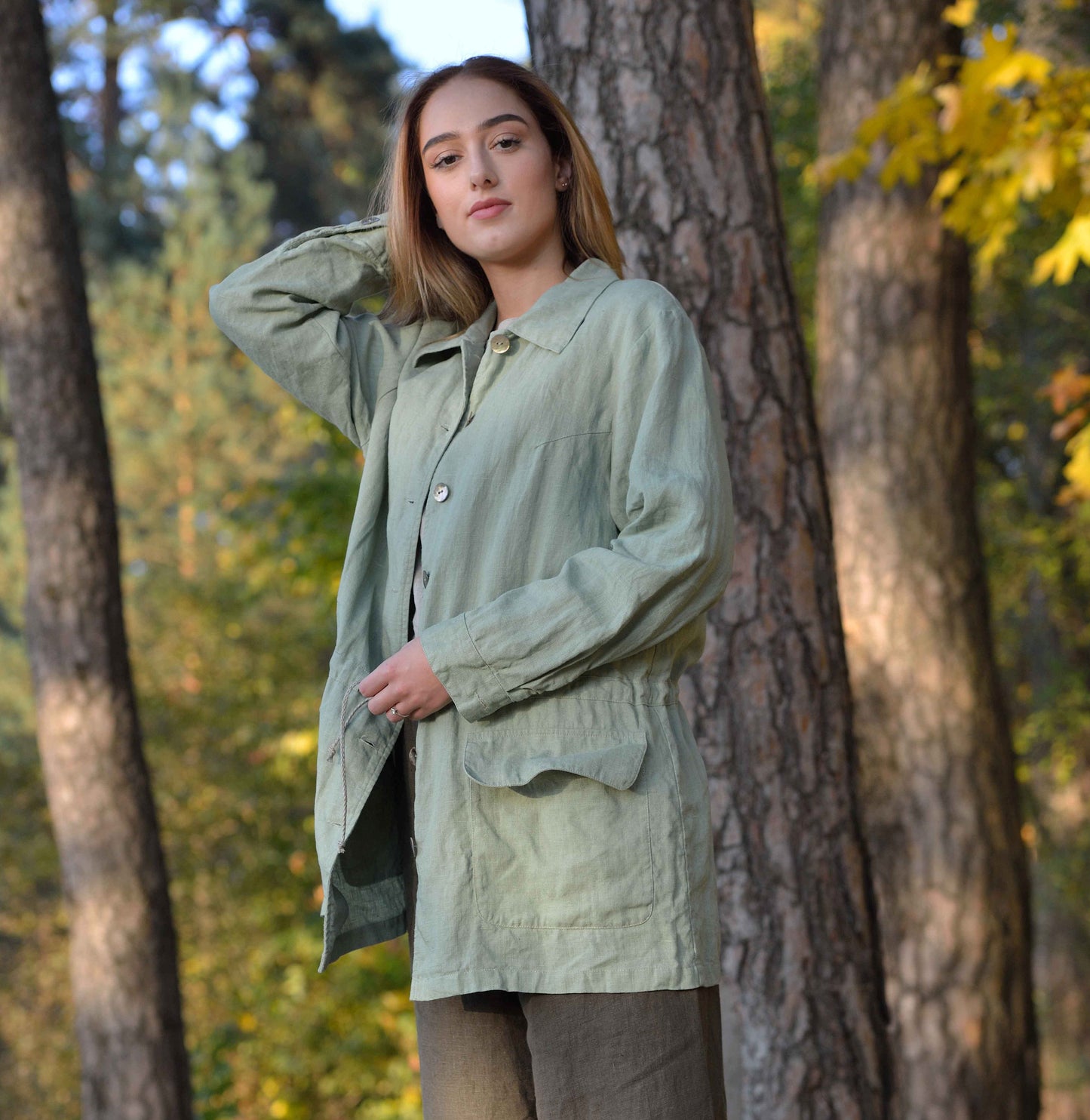 Pure Linen Oversize Jacket with Big Flap Pockets and Drawstringed Waist