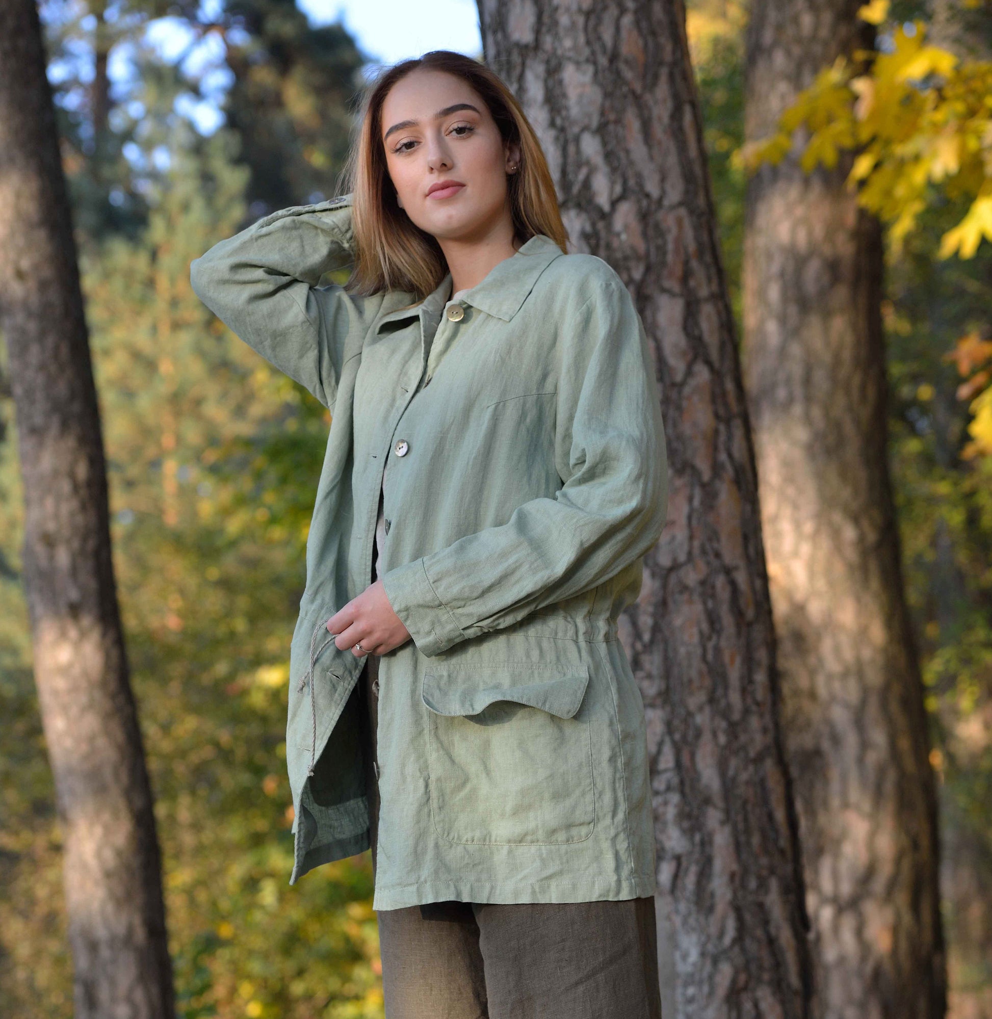 Pure Linen Oversize Jacket with Big Flap Pockets and Drawstringed Waist