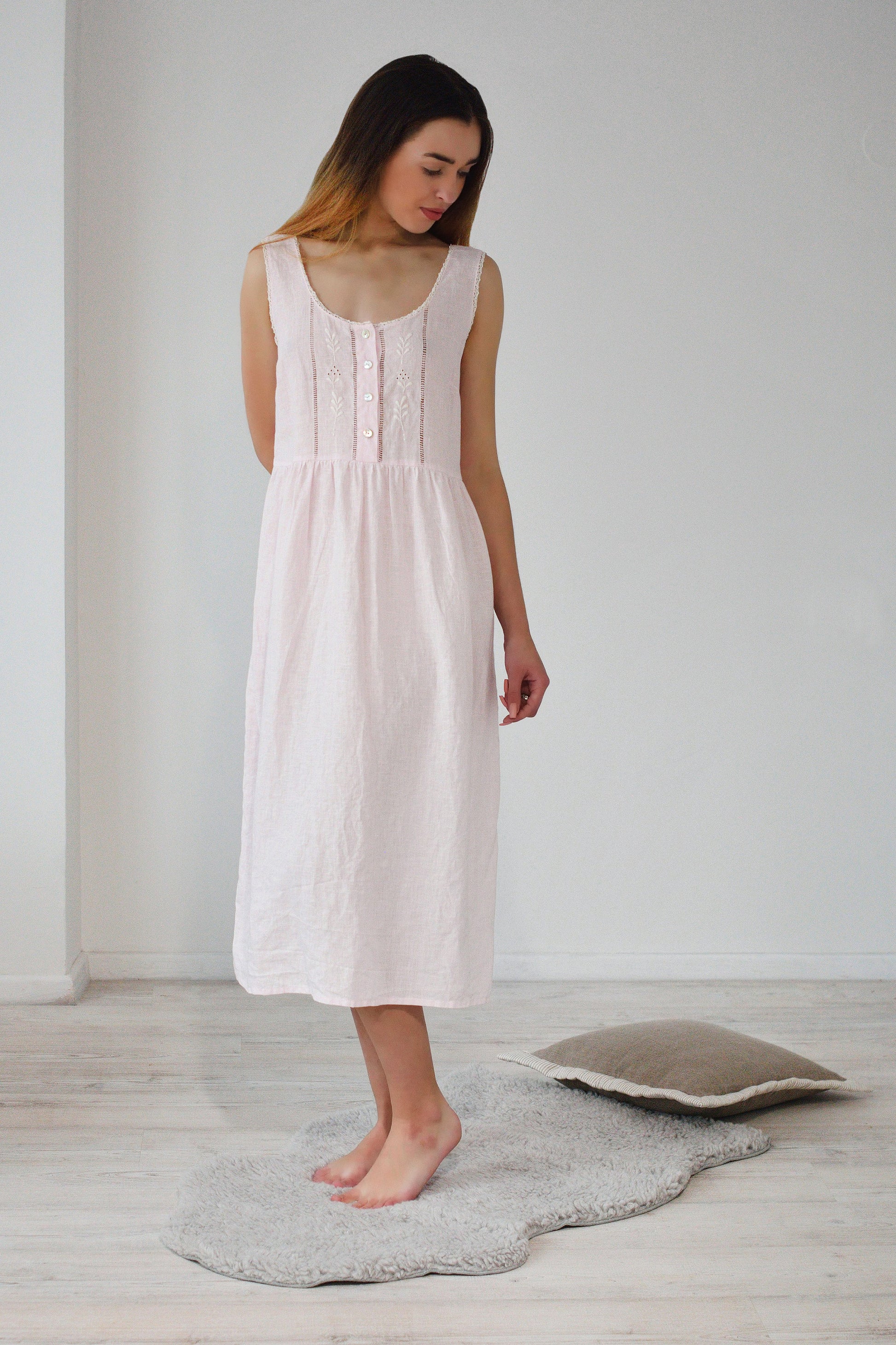 Linen Night Dress RUTA with Drawnwork and Amazing Handmade Embroidery