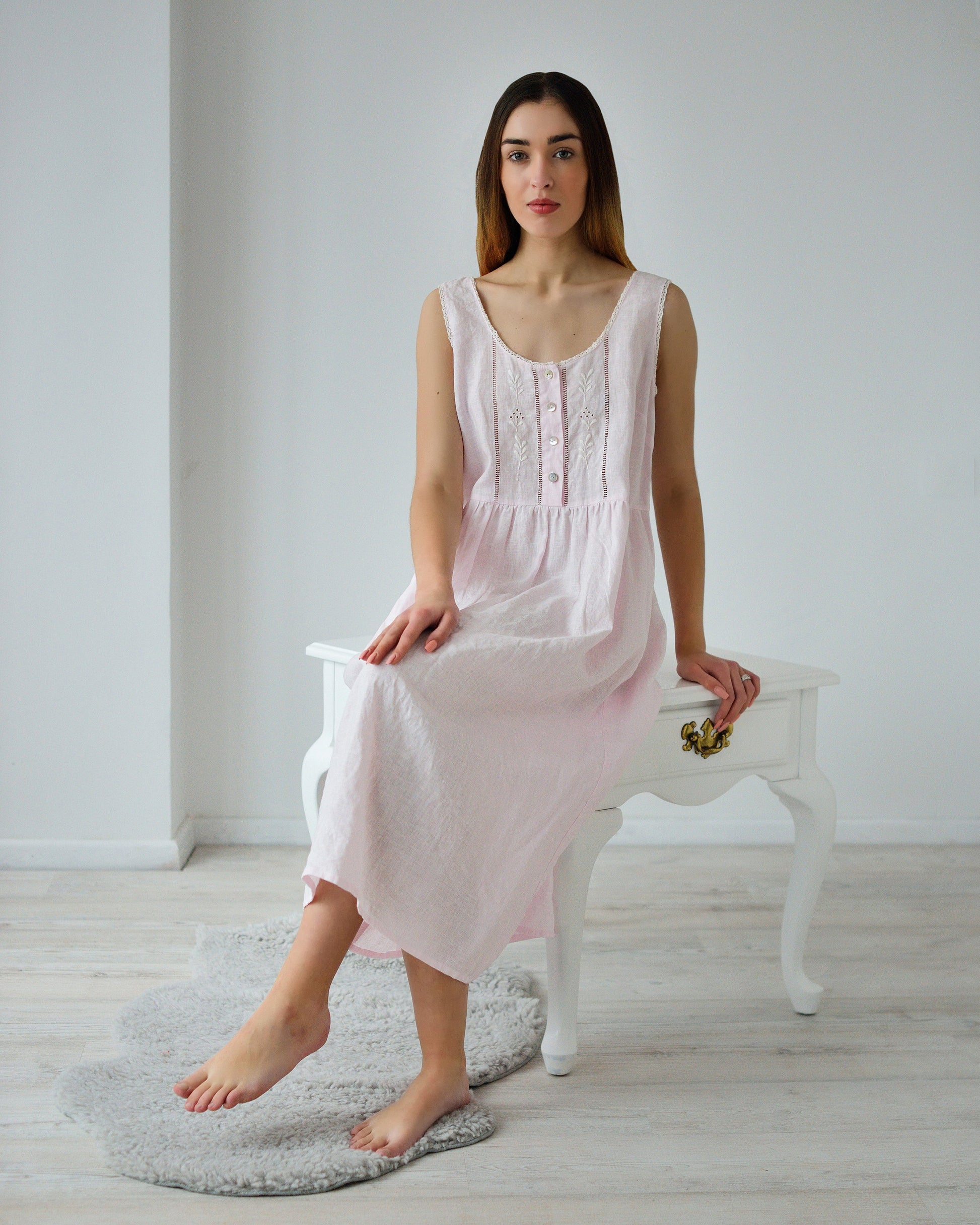 Linen Night Dress RUTA with Drawnwork and Amazing Handmade Embroidery