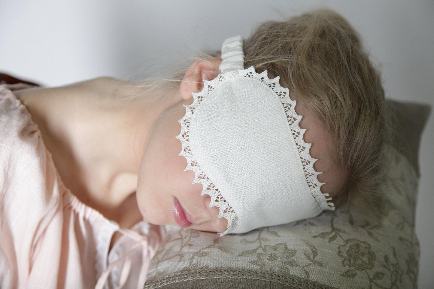 Linen White Sleep Eye Mask Laced/ Luxury Sleeping Eyewear For Her