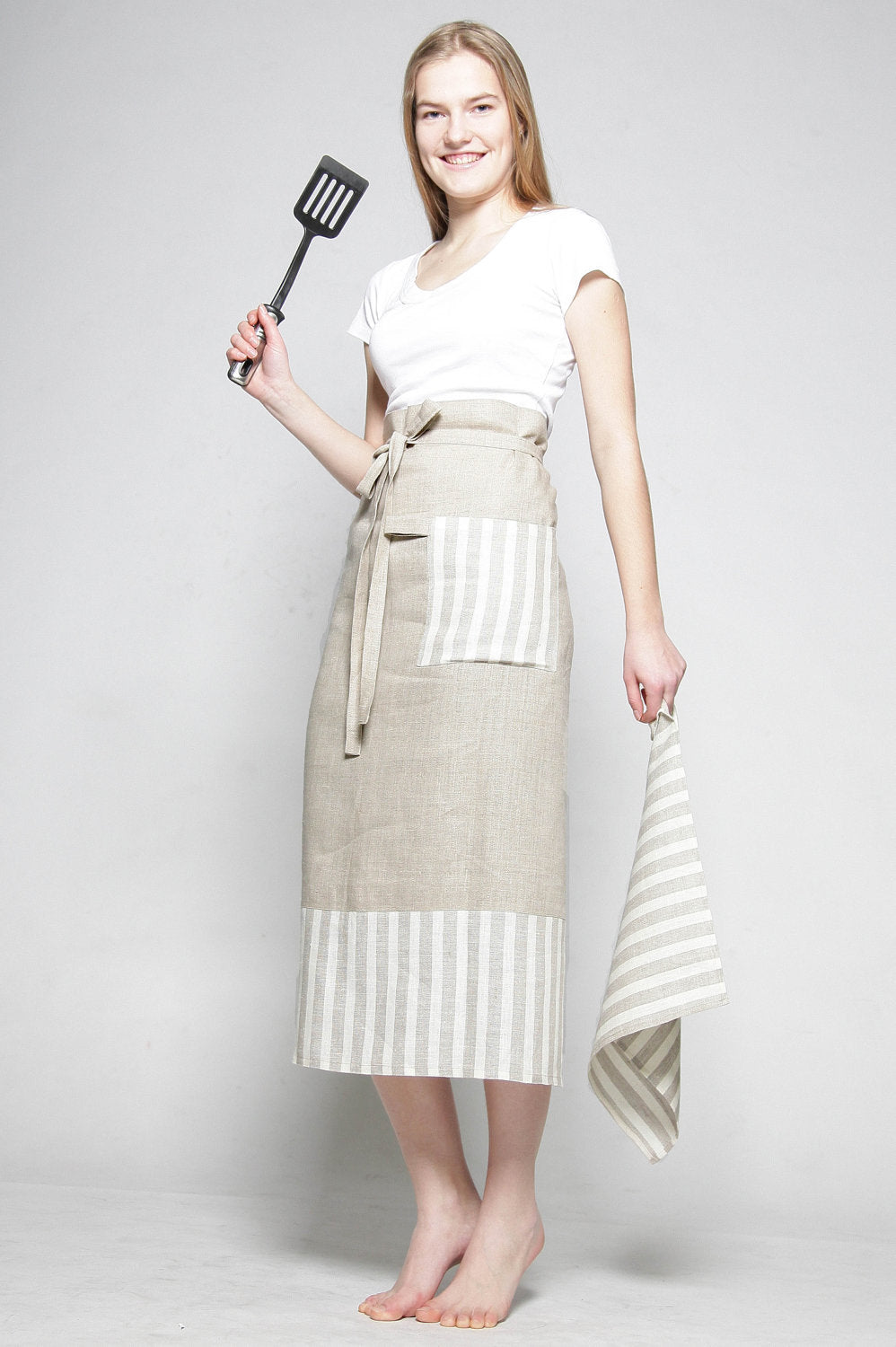 Linen Half Apron with Kitchen Towel/ Natural Pinafore Apron