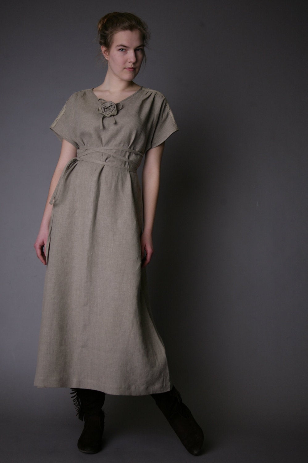 Linen Long Dress AMELIA with Laced Front