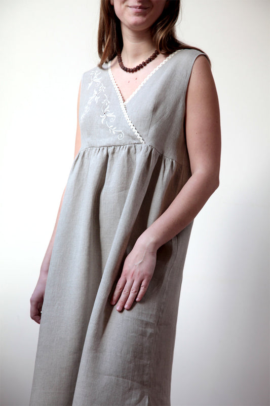 Linen Sleeveless Oversize Night Dress LIANA with Handmade Embroidery