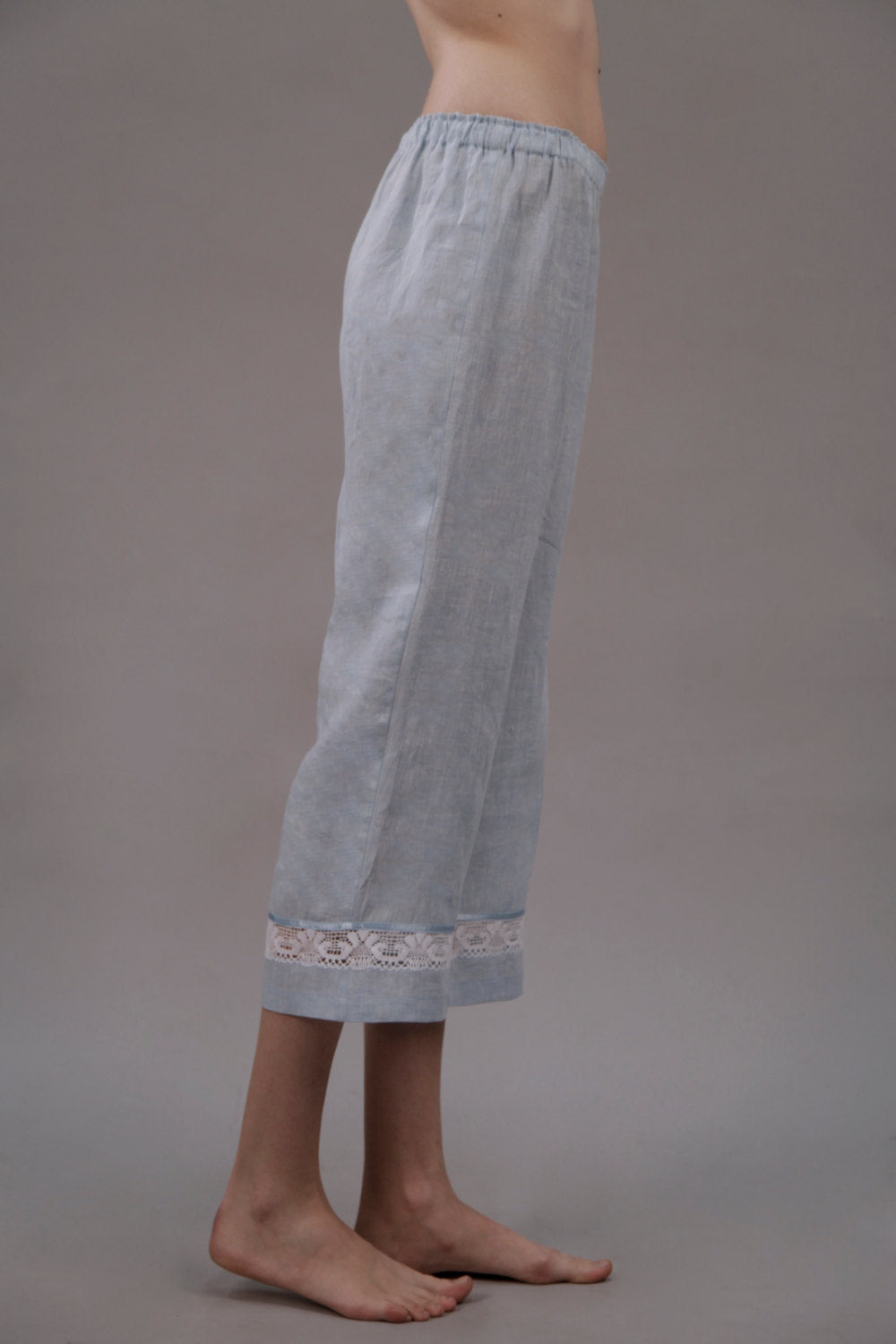 Linen Cropped Pajama Trouser CHARLOTTE with Lace Decor