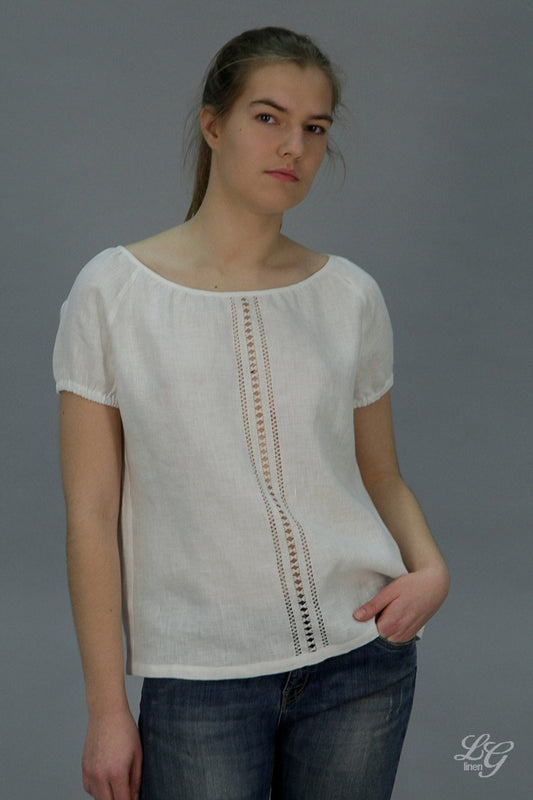 Linen Peasant Blouse PAULA With Handmade Drawnwork