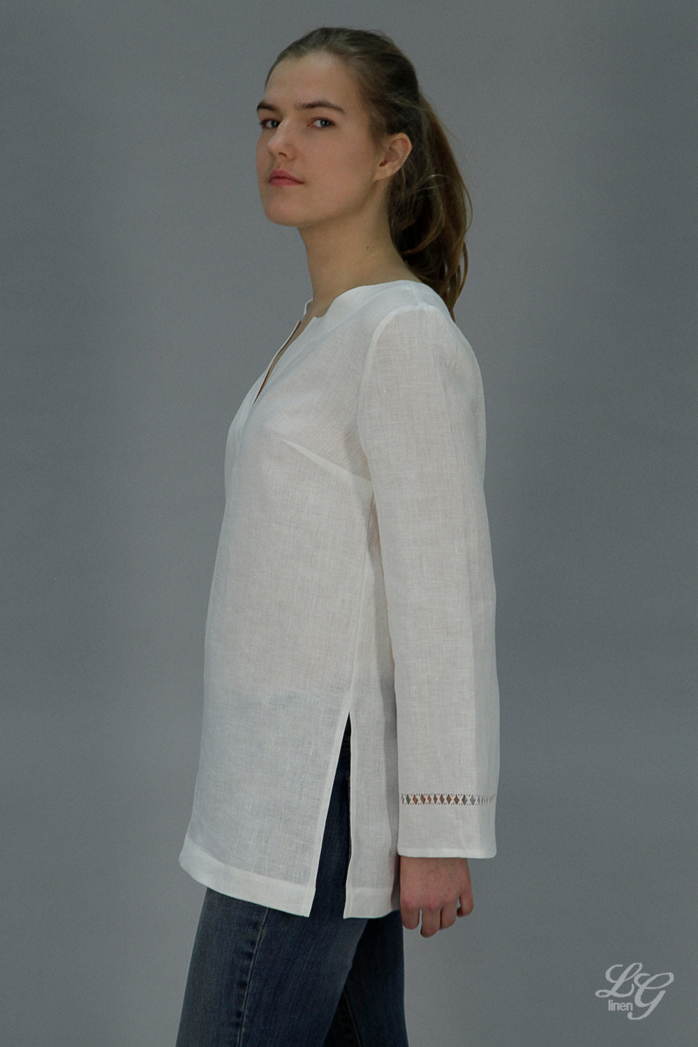 Linen Tunic NELLE Longsleeve / Linen Blouse with Drawnwork on Sleeves