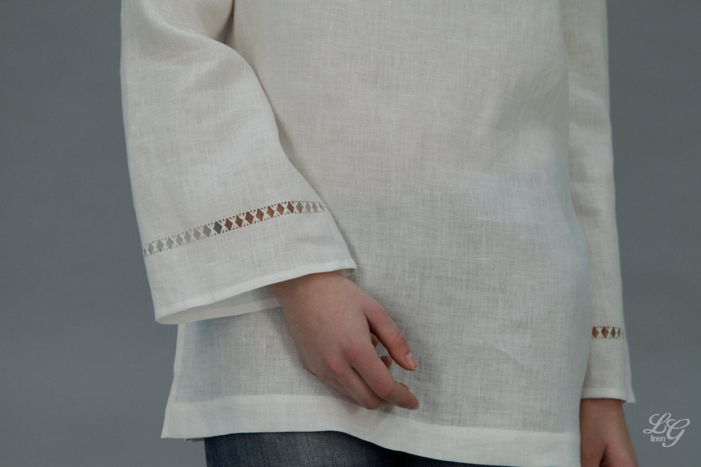 Linen Tunic NELLE Longsleeve / Linen Blouse with Drawnwork on Sleeves