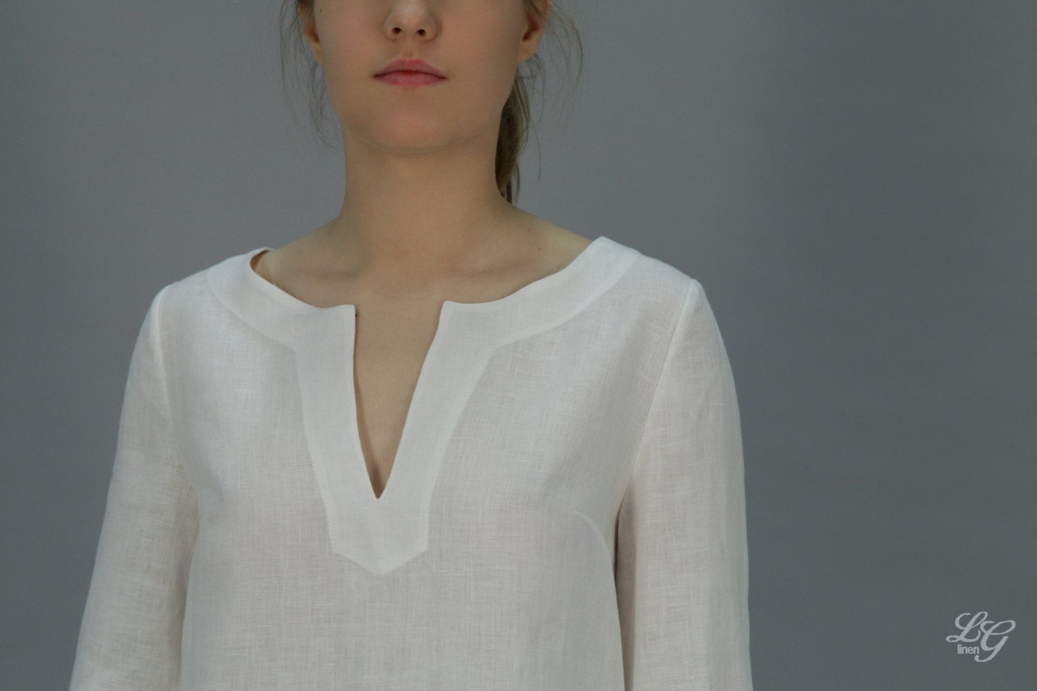 Linen Tunic NELLE Longsleeve / Linen Blouse with Drawnwork on Sleeves