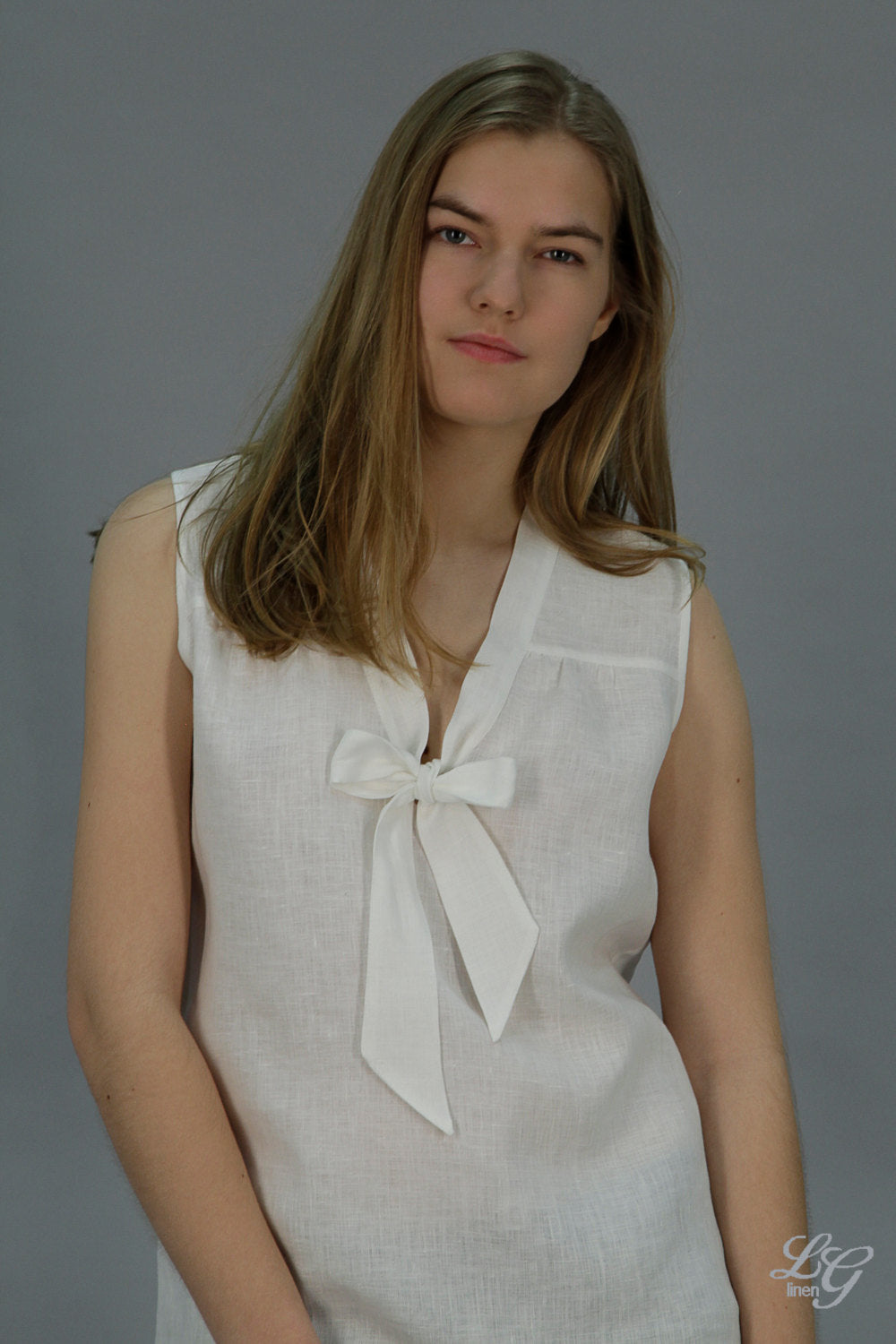 Linen Blouse JULIA Sleeveless With Front Bow