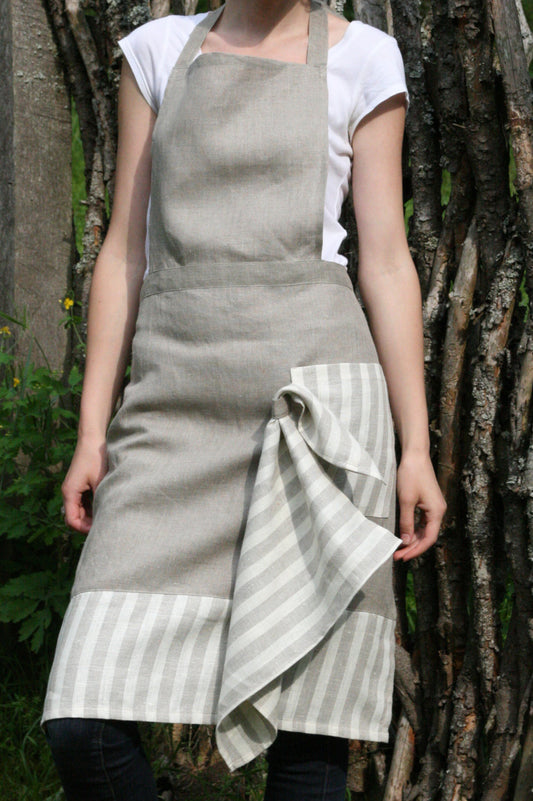 Linen Full Apron & Kitchen Towel/ Natural and Striped Combination