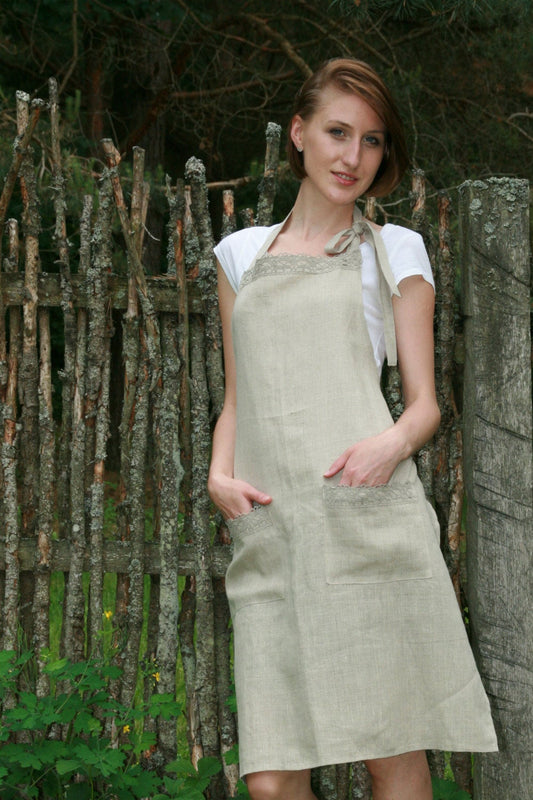 Linen Full Organic Apron Decorated With Linen Lace/ Luxury Linen For Her