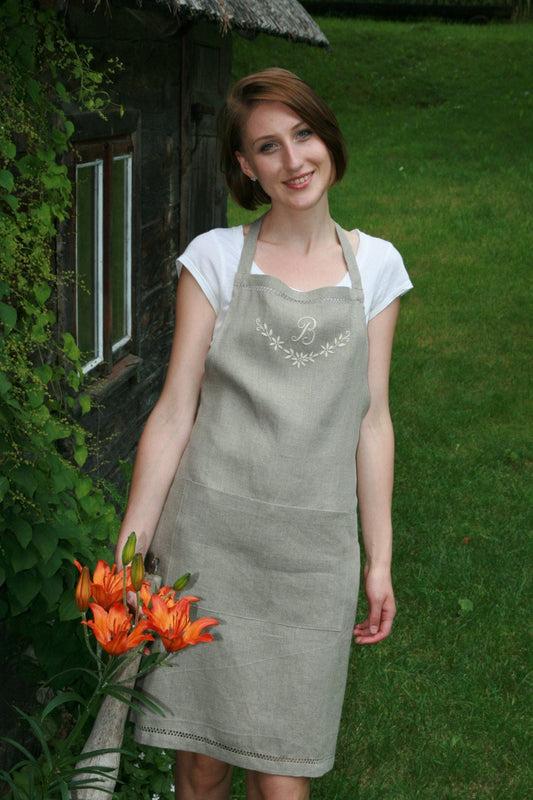 Linen Full Apron Organic Apron with Handembroidered Monogram