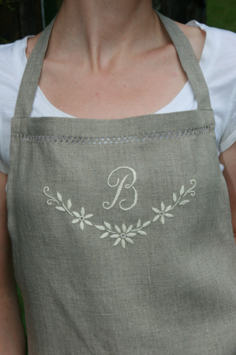 Linen Full Apron Organic Apron with Handembroidered Monogram
