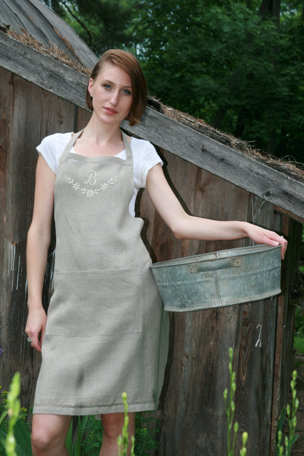 Linen Full Apron Organic Apron with Handembroidered Monogram