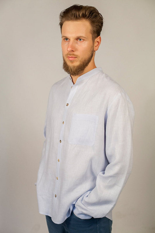 Linen Long Sleeve Dress Shirt For Men With Stand