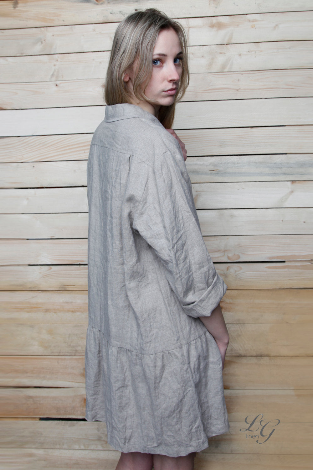 Linen Long Sleeve Oversize Shirt Dress THERESA
