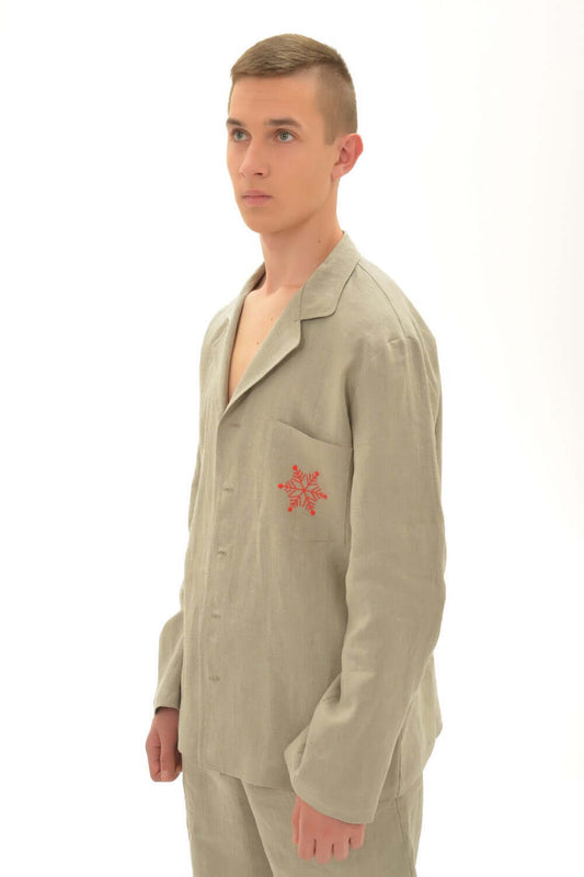 Christmas Linen Pajama For Men With Snowflake Handmade Embroidery