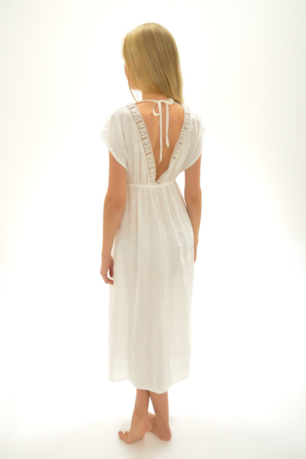 White Long Night Gown ANTIQUE With Linen Lace