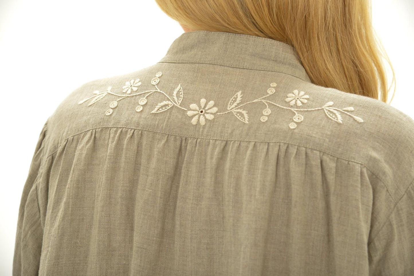 Linen Night Gown VICTORIA with Handmade Embroidery on Yokes
