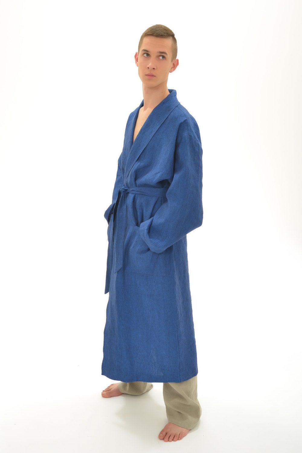 Linen Bath Robe Mens GENTLEMAN With Shawl Collar