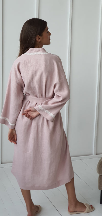 Linen Long Night Gown ELENA with Lace