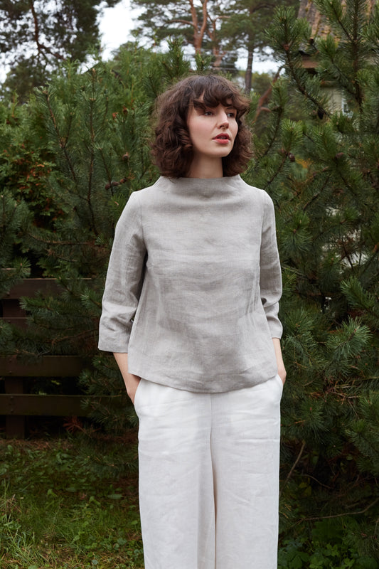 READY To SHIP - Linen Natural Blouse AYA With High Neck