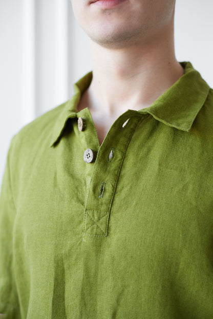 Linen Polo Shirt for Men with Long Sleeves