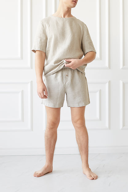 Linen Sleep Shorts for Men with Open Fly