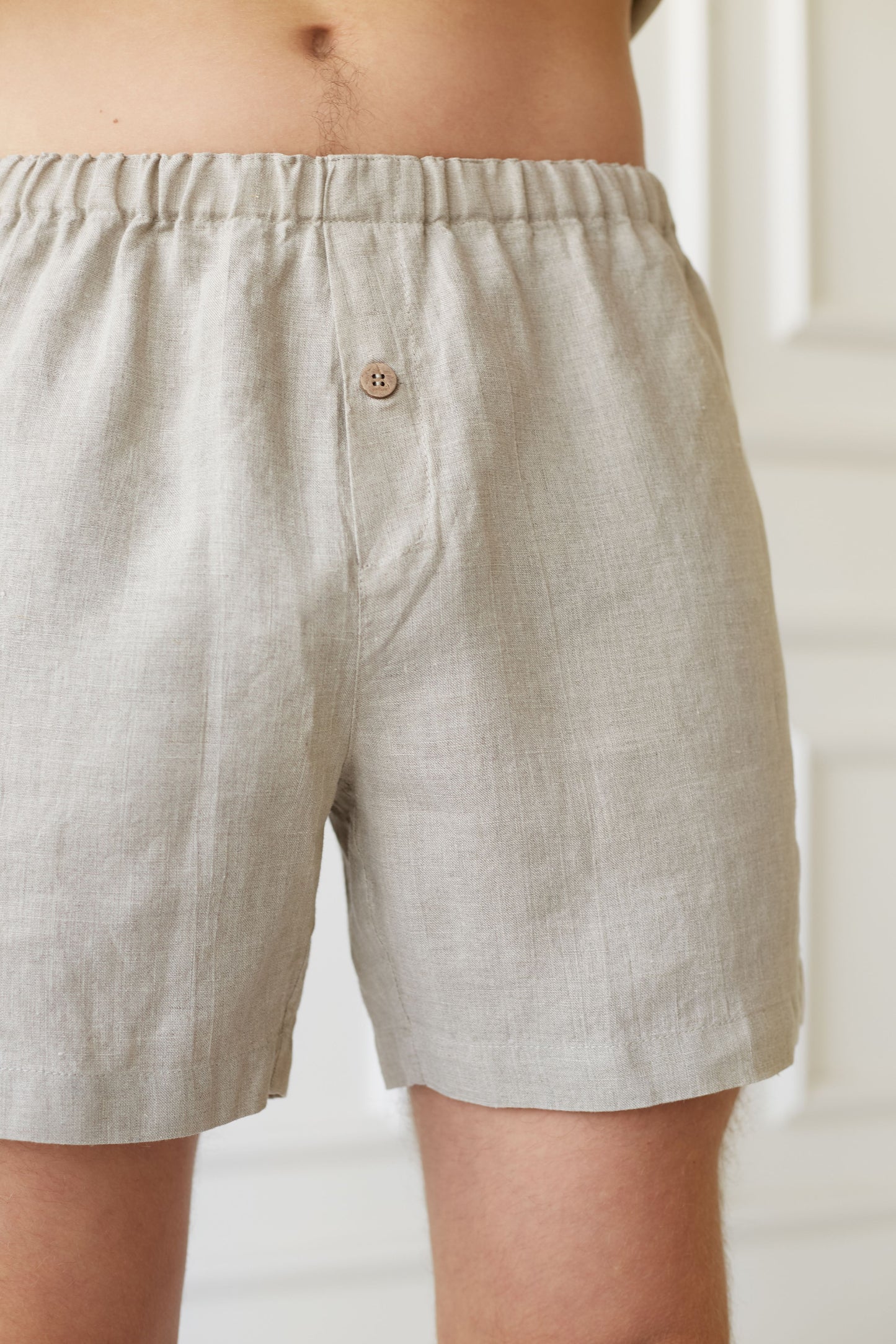 Linen Men's Boxer Shorts with Open Fly and Button in Mocha Color
