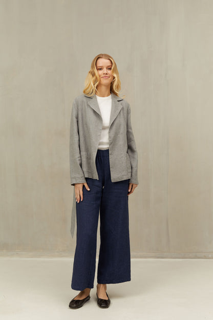Warm Fall Wrap Jacket ANITA with Belt in Grey Linen and Wool Blend