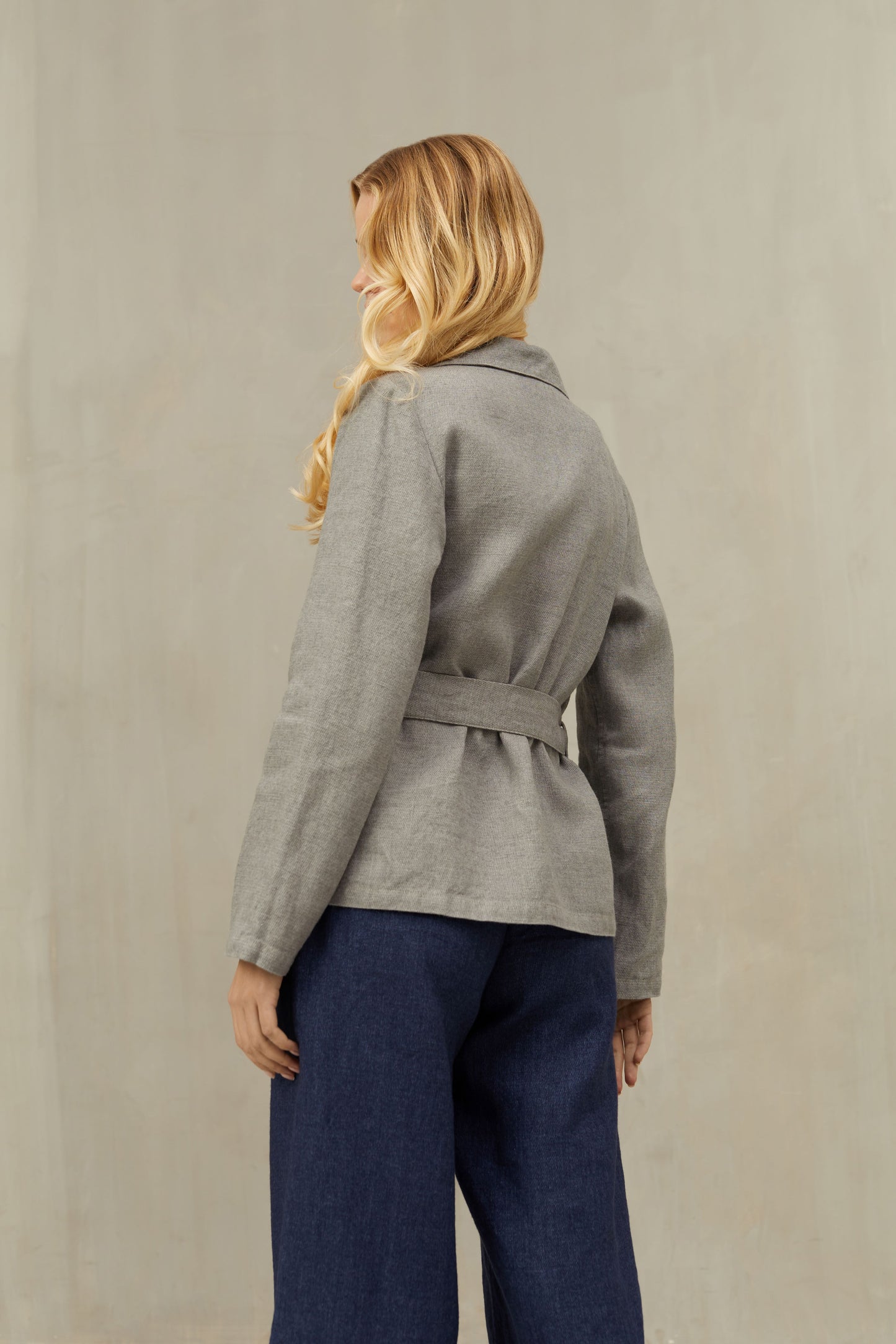 Casual Style Wrap Jacet ANITA with Belt in Linen/Wool blend Grey Color