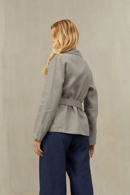 Casual Style Wrap Jacet ANITA with Belt in Linen/Wool blend Grey Color