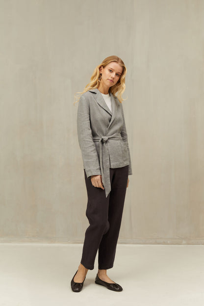 Classic Loose Style Jacket ANITA with Collar an Belt in Grey Linen/Wool