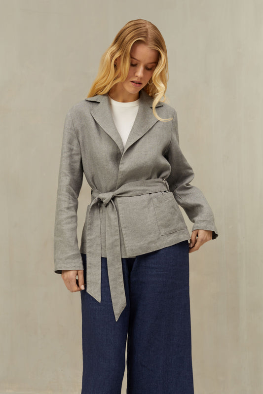 Linen Classiz Style Wrap Jacket ANITA in Grey Color Linen/Wool Blend