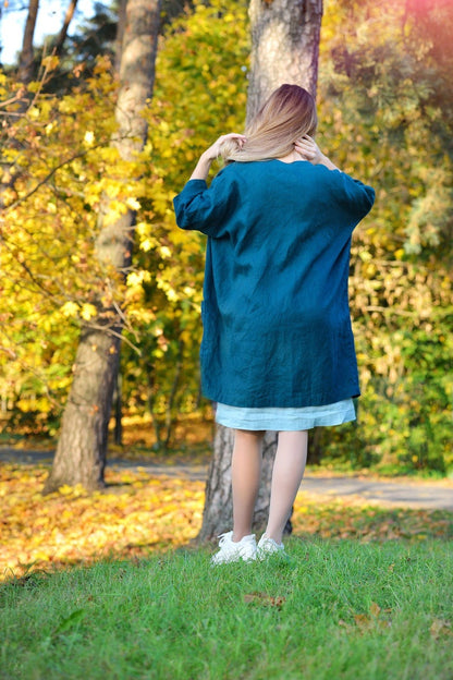 Linen Long and Oversize Blazer BREEZY with 3/4 Sleeves and Big Pockets
