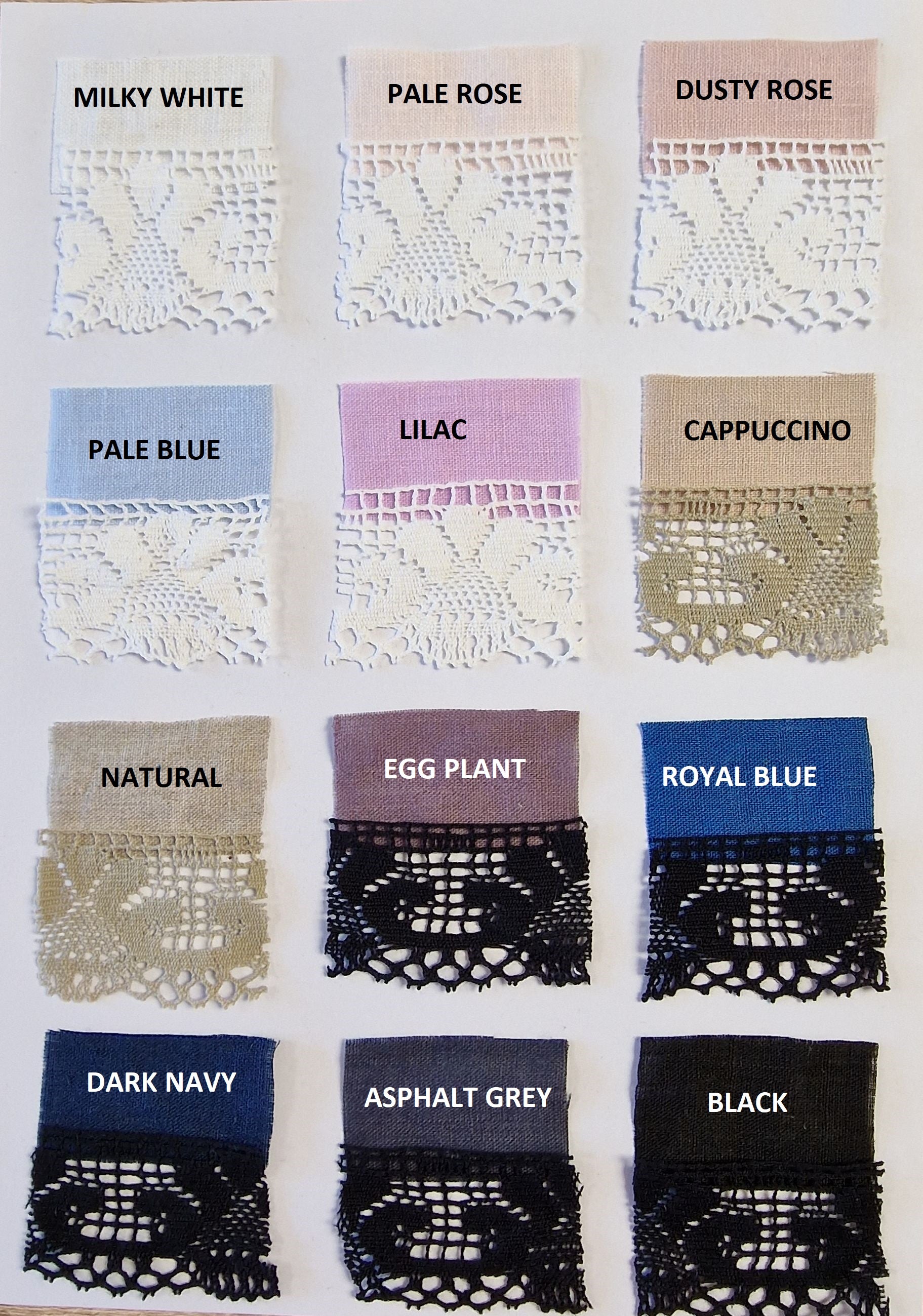 LGlinen linen fabric swatches matched with Vanessa lace samples 