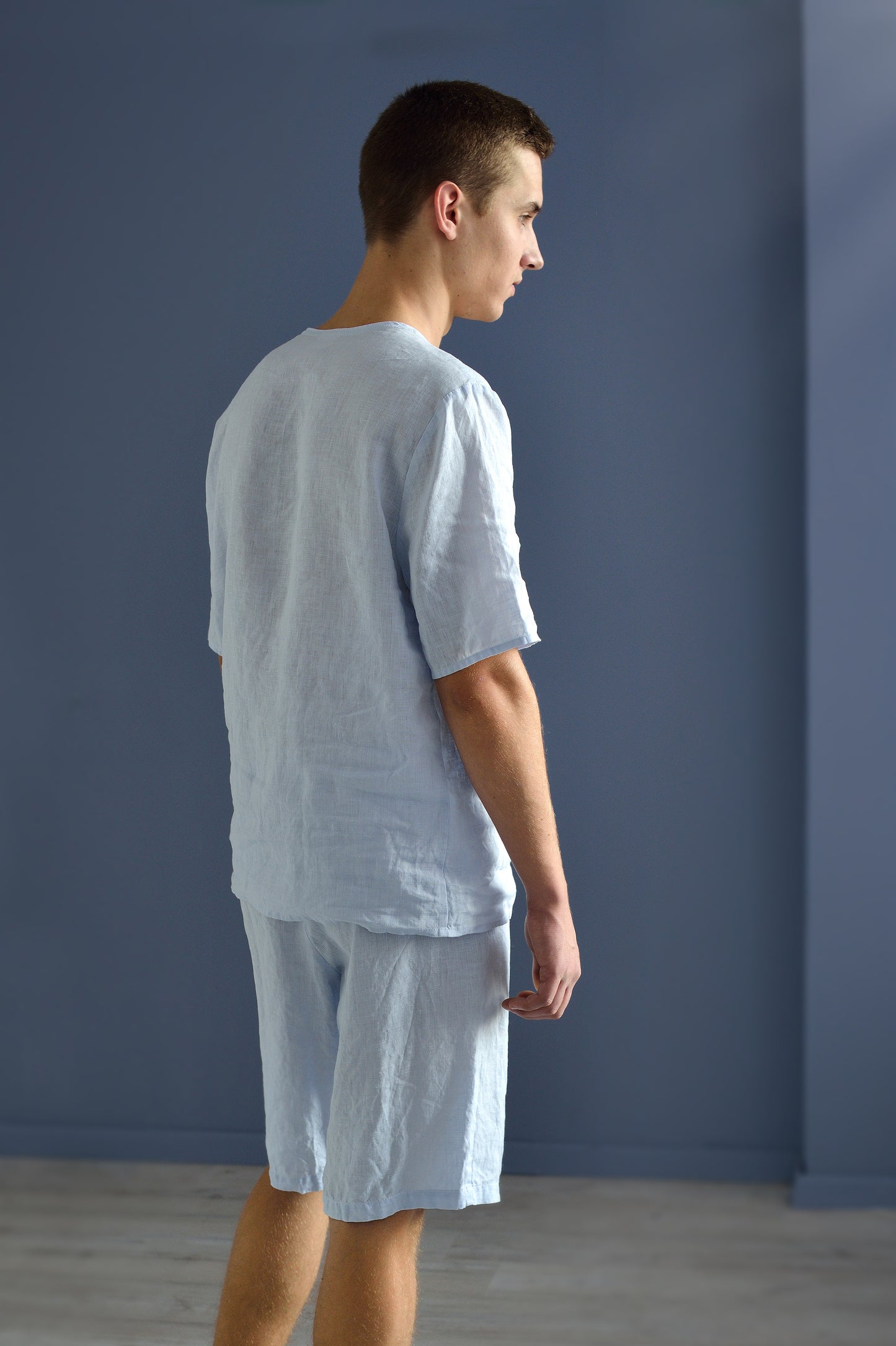 Men's Blue Linen Pajamas- Lightweight Loungewear Set