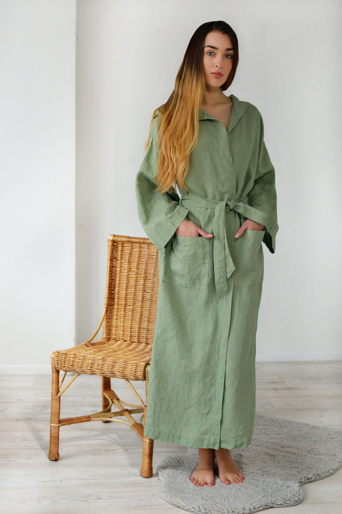 Linen Long Bath Robe MILDA Hooded in Sea Wave