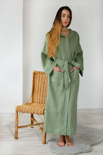 Linen Long Bath Robe MILDA Hooded in Sea Wave